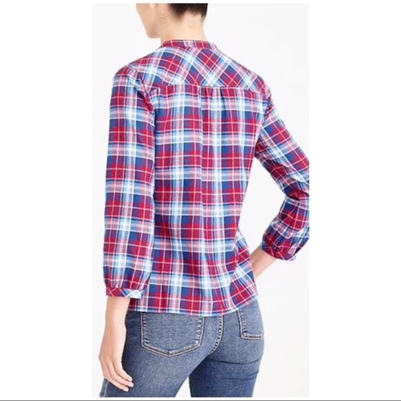 J. Crew Mercantile Flannel Plaid Popover Shirt Top Ruffle Blue Red Size XS - Picture 2 of 11